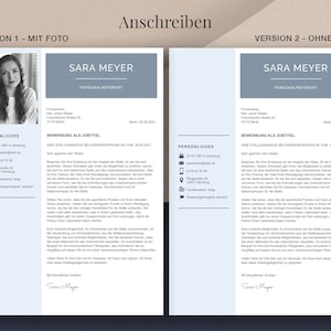 May include: Two resume templates, one with a photo and one without, in light blue and white. The text includes "SARA MEYER", "PERSONALREFERENT", and "BEWERBUNG ALS JOBTITEL". The design is clean and professional.