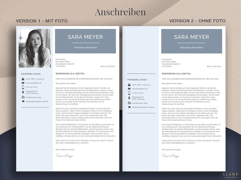 May include: Two resume templates, one with a photo and one without, in light blue and white. The text includes "SARA MEYER", "PERSONALREFERENT", and "BEWERBUNG ALS JOBTITEL". The design is clean and professional.