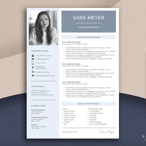 May include: A professional CV template with a photo of a woman, featuring a blue and white design. The CV includes sections for personal details, experience, education, and skills. A gold pen rests on the right side.