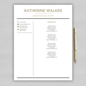 Peut inclure: Un mod&egrave;le de CV au design minimaliste pour Katherine Walker, enseignante du primaire. Le CV comprend des coordonn&eacute;es, une liste de r&eacute;f&eacute;rences et le texte "REFERENCES".