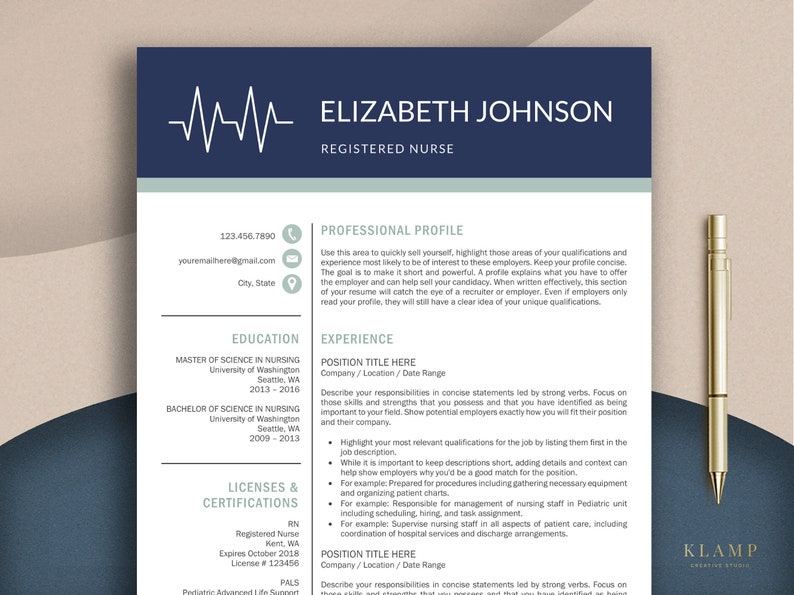 May include: A blue and white resume template with a heartbeat graphic at the top. The resume is for Elizabeth Johnson, a Registered Nurse. The resume includes sections for professional profile, education, experience, licenses and certifications.