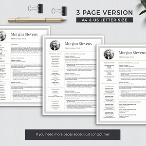 May include: A three-page resume template in a gray and gold color scheme. The template includes sections for professional title, summary, work experience, education, skills, technical skills, awards, languages, interests, memberships, references, and professional development. The template is designed for A4 and US letter size.