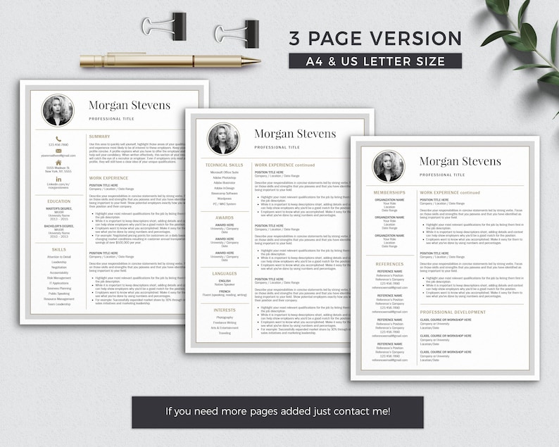 May include: A three-page resume template in a gray and gold color scheme. The template includes sections for professional title, summary, work experience, education, skills, technical skills, awards, languages, interests, memberships, references, and professional development. The template is designed for A4 and US letter size.