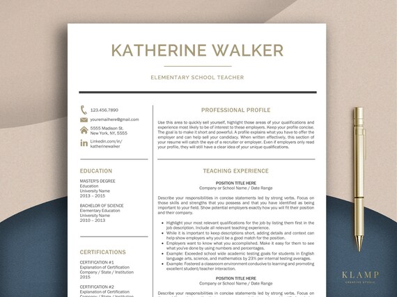 Teacher Resume Template for Word, Resume Teacher, CV Teacher, Elementary Resume, Teaching Resume
