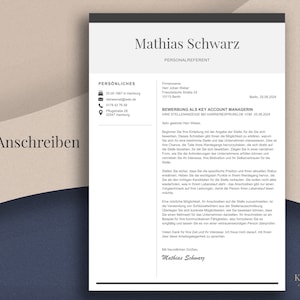 May include: A resume template with the name Mathias Schwarz and the title PERSONALREFERENT. The document includes personal details, a cover letter, and a gold pen. The background is a mix of beige and navy blue.