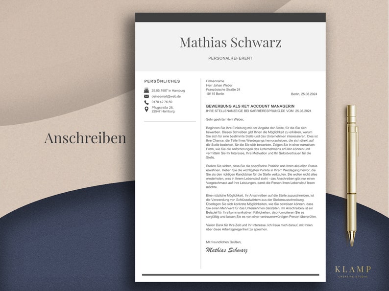 May include: A resume template with the name Mathias Schwarz and the title PERSONALREFERENT. The document includes personal details, a cover letter, and a gold pen. The background is a mix of beige and navy blue.