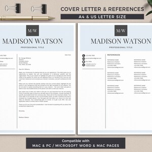 K&ouml;nnte beinhalten: Ein zweiseitiges Dokument mit hellblauem Hintergrund. Die linke Seite ist eine Vorlage f&uuml;r ein Anschreiben mit dem Titel "Madison Watson, Berufsbezeichnung". Die rechte Seite ist eine Vorlage f&uuml;r Referenzen mit dem Titel "Madison Watson, Berufsbezeichnung". Beide Seiten haben die Initialen "M/W" in einem schwarzen Kasten oben.