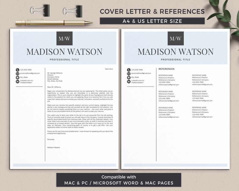 K&ouml;nnte beinhalten: Ein zweiseitiges Dokument mit hellblauem Hintergrund. Die linke Seite ist eine Vorlage f&uuml;r ein Anschreiben mit dem Titel "Madison Watson, Berufsbezeichnung". Die rechte Seite ist eine Vorlage f&uuml;r Referenzen mit dem Titel "Madison Watson, Berufsbezeichnung". Beide Seiten haben die Initialen "M/W" in einem schwarzen Kasten oben.