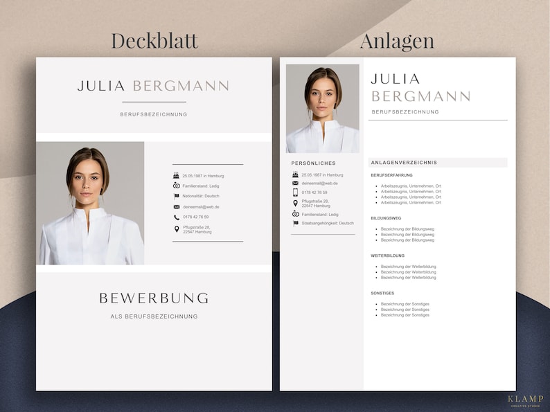 以下が含まれることがあります： 「Deckblatt」と「Anlagen」という黒いヘッダーが付いた白い履歴書テンプレート。履歴書はJulia Bergmannのもので、個人情報、職務経歴、学歴が含まれています。