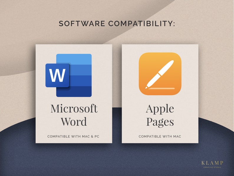 May include: Image showing software compatibility with Microsoft Word and Apple Pages. The Microsoft Word icon is a blue 'W' inside a blue square. The Apple Pages icon is an orange square with a white pen. Text indicates compatibility with Mac & PC.
