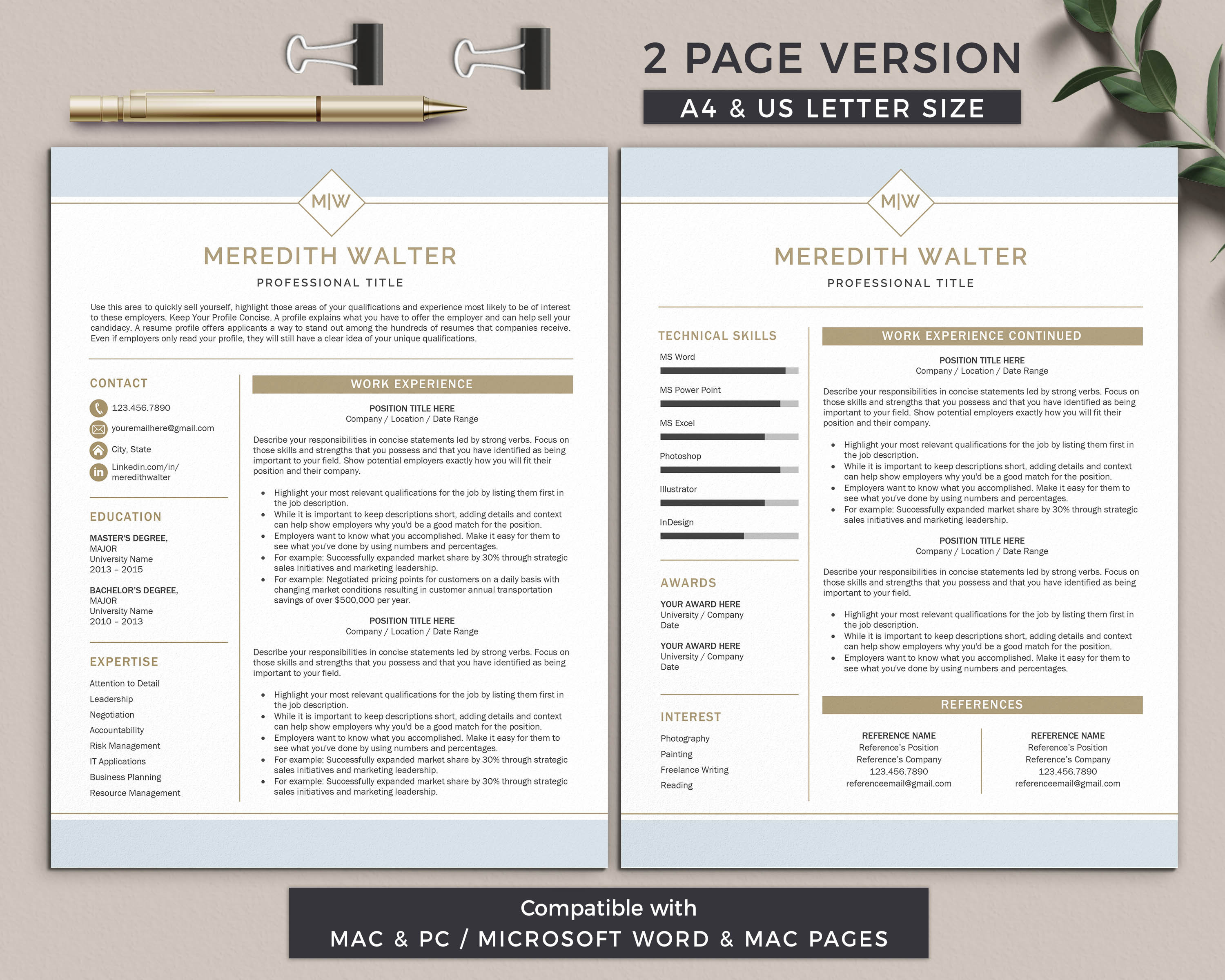 Creative Resume Template for Word & Mac Pages, 1 and 2 Page Modern ...
