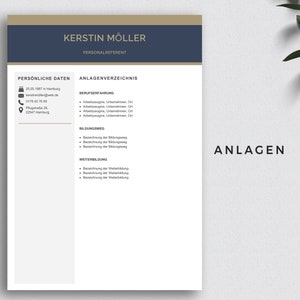 May include: A black and white document with the title "KERSTIN M&Ouml;LLER PERSONALREFERENT" and the text "ANLAGENVERZEICHNIS" in a brown box. The document lists personal information and a table of contents for work experience, education, and professional development.