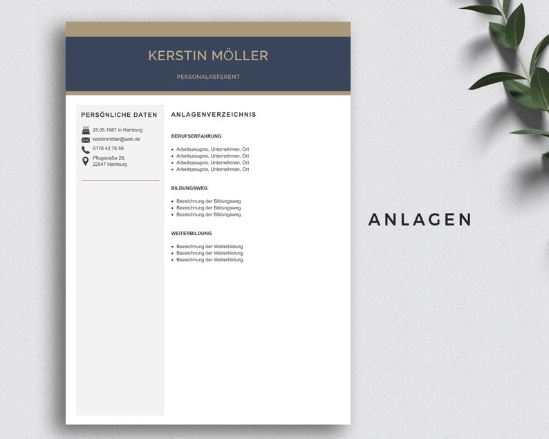 May include: A black and white document with the title "KERSTIN M&Ouml;LLER PERSONALREFERENT" and the text "ANLAGENVERZEICHNIS" in a brown box. The document lists personal information and a table of contents for work experience, education, and professional development.