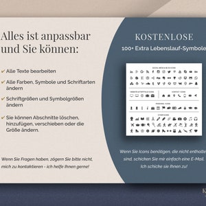 May include: A digital graphic in German, advertising customisable resume icons. The design features a cream background with a dark teal overlay. Text includes "Alles ist anpassbar" and "KOSTENLOSE 100+ Extra Lebenslauf-Symbole". A grid of icons is displayed.