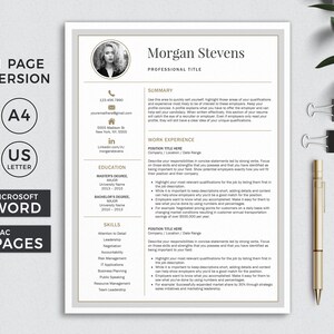 May include: A black and white resume template with a professional headshot of a woman. The resume includes contact information, education, work experience, and skills. The text "Morgan Stevens" is at the top of the page.