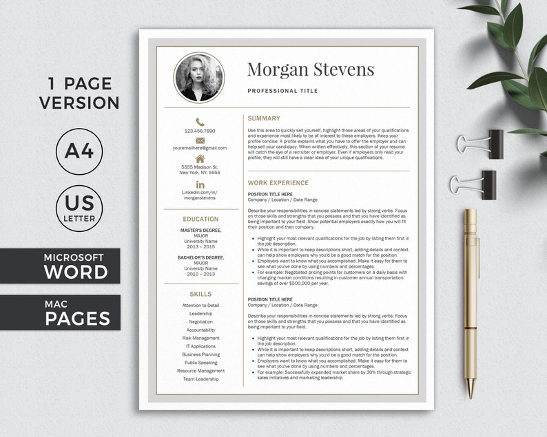 May include: A black and white resume template with a professional headshot of a woman. The resume includes contact information, education, work experience, and skills. The text "Morgan Stevens" is at the top of the page.