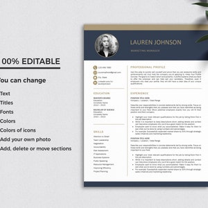 May include: A professional resume template featuring a dark blue header with a circular headshot of a woman, the name Lauren Johnson, and the title Marketing Manager. The document includes sections for contact info, education, skills, and experience.