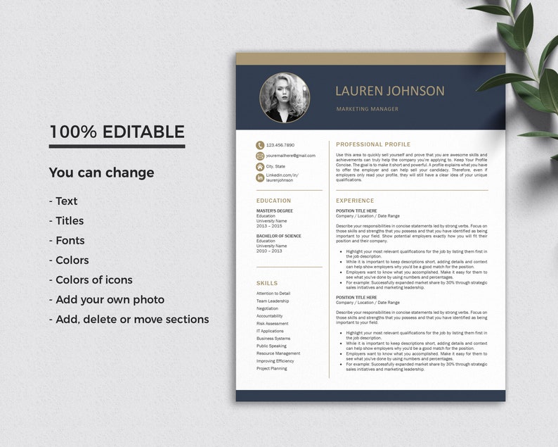 May include: A professional resume template featuring a dark blue header with a circular headshot of a woman, the name Lauren Johnson, and the title Marketing Manager. The document includes sections for contact info, education, skills, and experience.