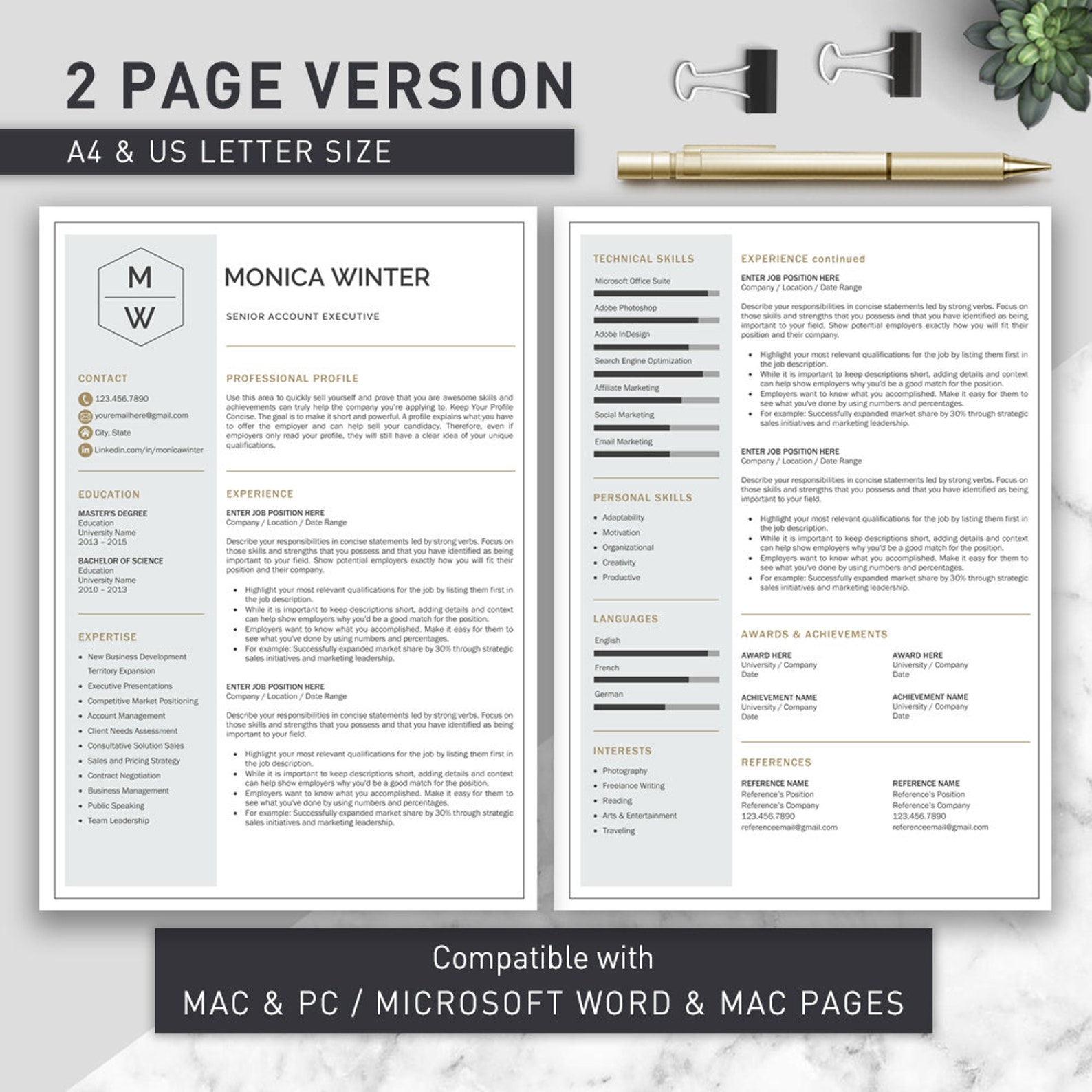Professional Resume Template for Word & Pages Executive - Etsy