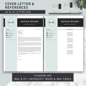 May include: A black and white cover letter and references template for a senior account executive. The template includes contact information, a cover letter, and a references section. The template is compatible with Microsoft Word and Mac Pages.