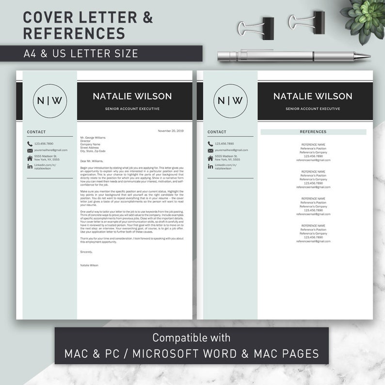 May include: A black and white cover letter and references template for a senior account executive. The template includes contact information, a cover letter, and a references section. The template is compatible with Microsoft Word and Mac Pages.