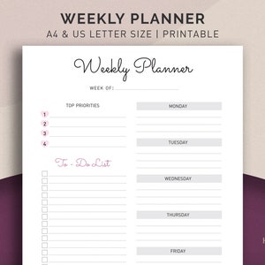 May include: A printable weekly planner with a white background and black text. The planner includes sections for top priorities, a to-do list, and daily tasks for Monday through Friday.