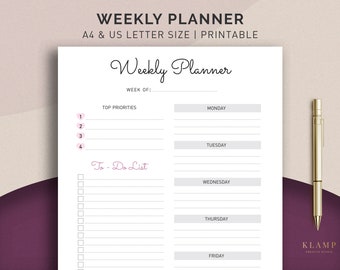 Weekly Planner Printable, Weekly Organizer, Weekly Schedule, Desk Planner, Weekly To Do List, Instant Download - A4 & Letter Size
