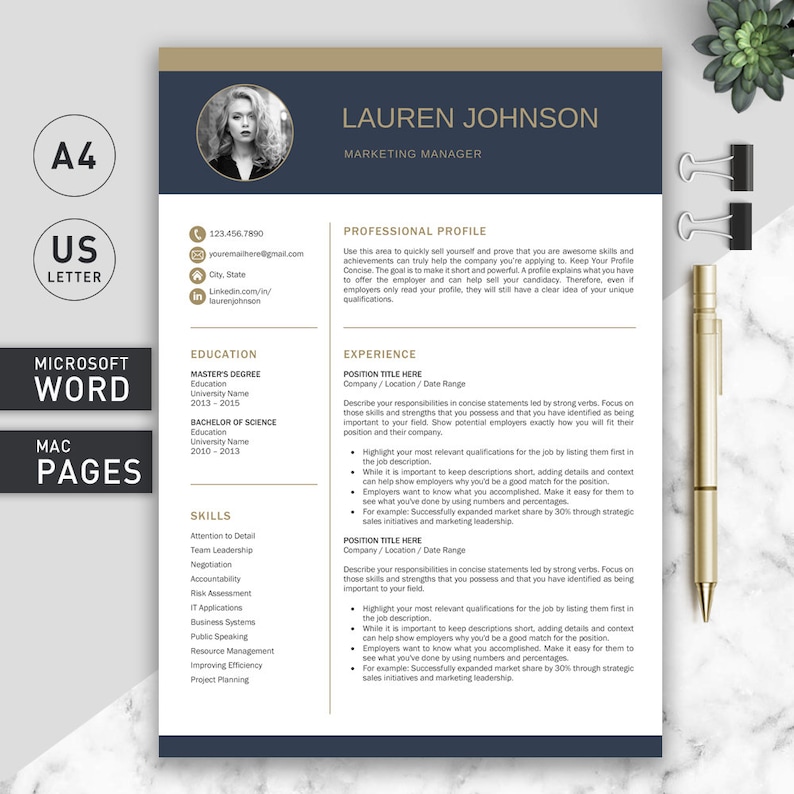 May include: A professional resume template featuring a dark blue header with the name Lauren Johnson, a circular headshot, and sections for professional profile, education, skills, and experience. Includes A4 and US Letter format labels.