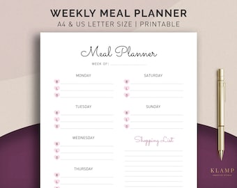 Meal Planner Printable, Weekly Meal Planner, Menu Planner, Printable Meal Schedule, Shopping list, Instant Download - A4 and Letter Size