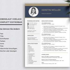 May include: A blue and gold CV template with the text "Lebenslauf Vorlage Komplett Editierbar." and "Das k&ouml;nnen Sie &auml;ndern." The template includes sections for personal information, work experience, education, skills, and languages.