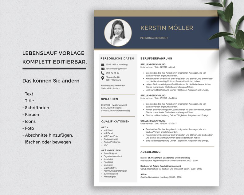 May include: A blue and gold CV template with the text "Lebenslauf Vorlage Komplett Editierbar." and "Das k&ouml;nnen Sie &auml;ndern." The template includes sections for personal information, work experience, education, skills, and languages.
