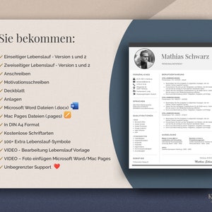 May include: A modern resume template with a clean layout, including a headshot and sections for personal information, work history, and skills. The image shows a list of features, including Microsoft Word and Mac Pages files, and free fonts. The text reads "Mathias Schwarz, PERSONALREFERENT."