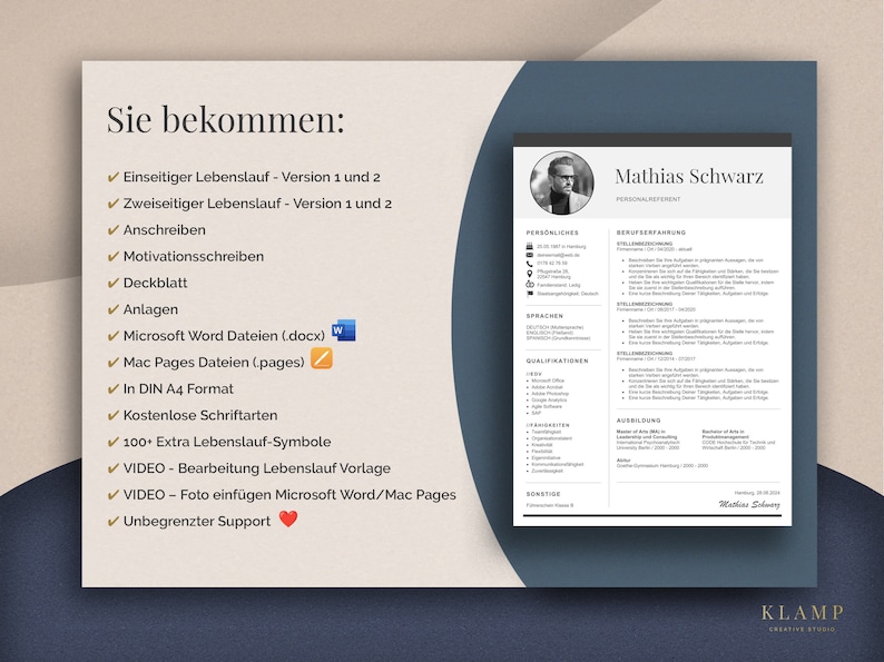 May include: A modern resume template with a clean layout, including a headshot and sections for personal information, work history, and skills. The image shows a list of features, including Microsoft Word and Mac Pages files, and free fonts. The text reads "Mathias Schwarz, PERSONALREFERENT."