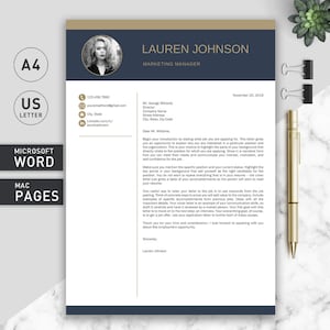 May include: A professional cover letter template featuring a dark blue header with a circular portrait, the name Lauren Johnson, and the title Marketing Manager. The document includes contact details, a formal letter body, and placeholders.