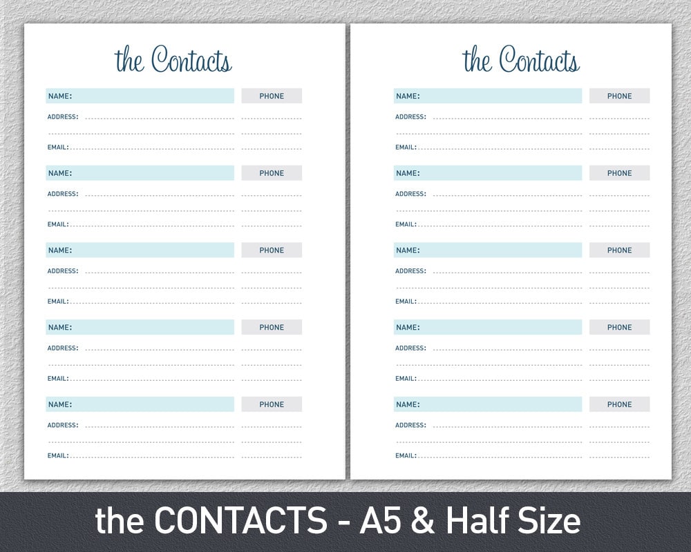 A5 Contact List Printable, Contact Sheet, Printable Contacts, Address ...