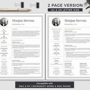 May include: A two-page resume template in a light gray color scheme with gold accents. The template features a professional headshot, contact information, a summary section, work experience, education, skills, awards, technical skills, languages, interests, and references. The text "2 Page Version" and "A4 & US Letter Size" is at the top of the page.