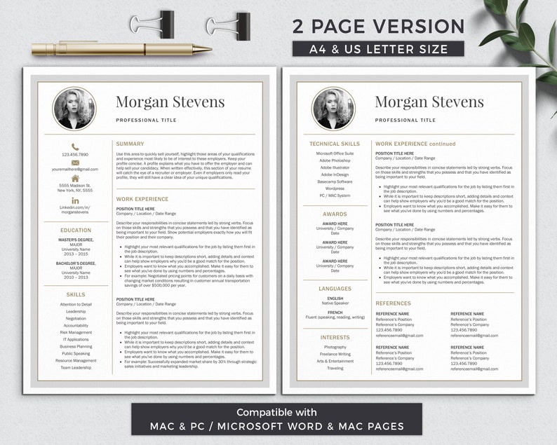 May include: A two-page resume template in a light gray color scheme with gold accents. The template features a professional headshot, contact information, a summary section, work experience, education, skills, awards, technical skills, languages, interests, and references. The text "2 Page Version" and "A4 & US Letter Size" is at the top of the page.