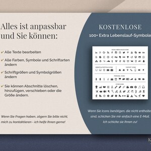 以下が含まれることがあります： 青と白のプレゼンテーションスライドに、「Alles ist anpassbar und Sie k&ouml;nnen:」というテキストと機能のリストが表示されています。スライドには、「KOSTENLOSE 100+ Extra Lebenslauf-Symbole」というラベルの付いた、100以上の白黒のアイコンのグリッドも含まれています。