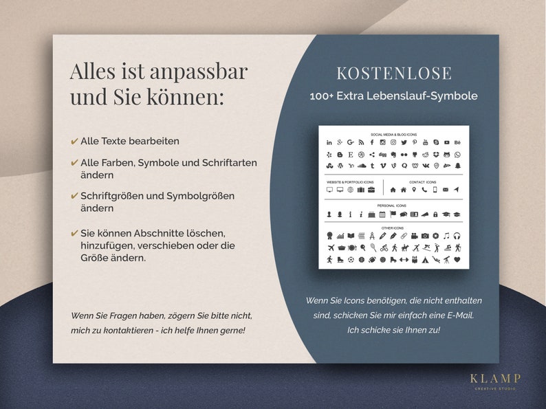 以下が含まれることがあります： 青と白のプレゼンテーションスライドに、「Alles ist anpassbar und Sie k&ouml;nnen:」というテキストと機能のリストが表示されています。スライドには、「KOSTENLOSE 100+ Extra Lebenslauf-Symbole」というラベルの付いた、100以上の白黒のアイコンのグリッドも含まれています。