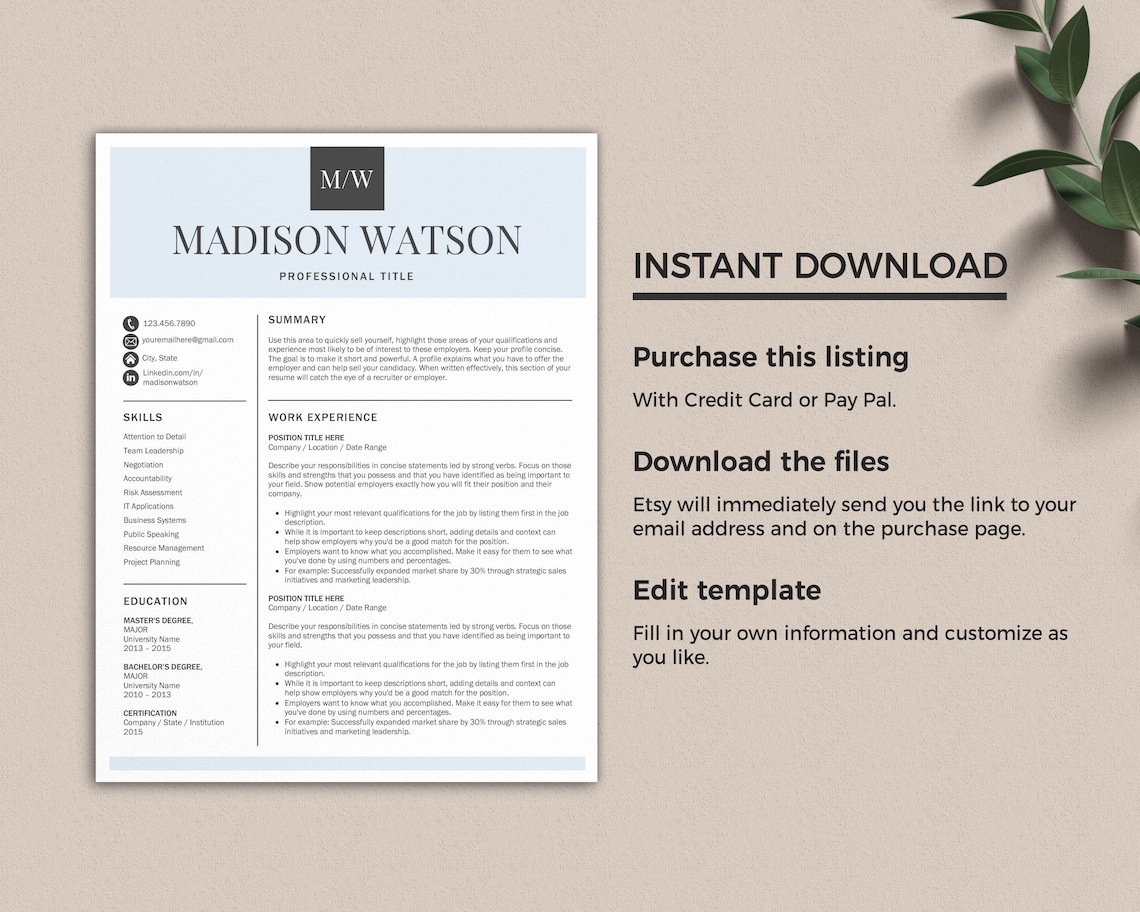 Professional Resume Template Word & Mac Pages, Minimal Resume, Modern ...