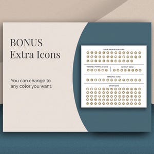 May include: A digital graphic display featuring the text BONUS Extra Icons and You can change to any color you want. Beside the text is a white rectangular grid containing numerous small circular social media, website, contact, and personal icons.