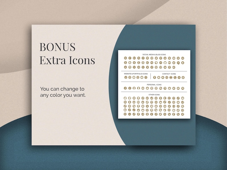 May include: A digital graphic display featuring the text BONUS Extra Icons and You can change to any color you want. Beside the text is a white rectangular grid containing numerous small circular social media, website, contact, and personal icons.