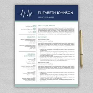 May include: A blue and white resume template with a heart rate line graphic at the top. The resume is for a registered nurse named Elizabeth Johnson. It includes her contact information, education, licenses and certifications, and experience.
