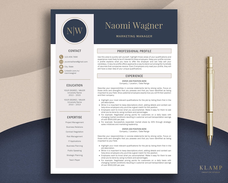 May include: A navy blue resume template with a gold pen. The resume includes sections for contact information, education, expertise, and experience. The name "Naomi Wagner" and the title "Marketing Manager" are displayed at the top.