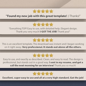 May include: A graphic featuring customer testimonials with gold star ratings. The text includes phrases like "Found my new job," "Everything TOP!", and "Excellent, super easy to use." The design is clean and professional, with a dark blue and beige color scheme.