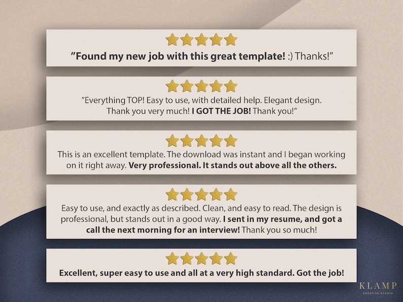May include: A graphic featuring customer testimonials with gold star ratings. The text includes phrases like "Found my new job," "Everything TOP!", and "Excellent, super easy to use." The design is clean and professional, with a dark blue and beige color scheme.