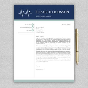 May include: A blue and white cover letter template for a registered nurse. The letter includes a sample introduction, tips for writing a cover letter, and a closing statement. The letter is dated November 20, 2017.
