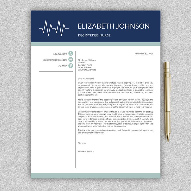 May include: A blue and white cover letter template for a registered nurse. The letter includes a sample introduction, tips for writing a cover letter, and a closing statement. The letter is dated November 20, 2017.