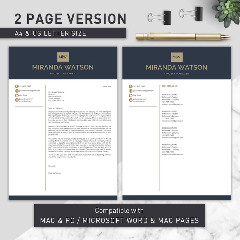 May include: A two-page resume template in dark blue and gold with the text "2 PAGE VERSION" and "A4 & US LETTER SIZE" at the top. The template includes a header with the initials "MIW" and the name "MIRANDA WATSON" in a larger font. The text "PROJECT MANAGER" is below the name. The left page includes contact information and a cover letter template. The right page includes a references section. The text "Compatible with MAC & PC / MICROSOFT WORD & MAC PAGES" is at the bottom of the page.