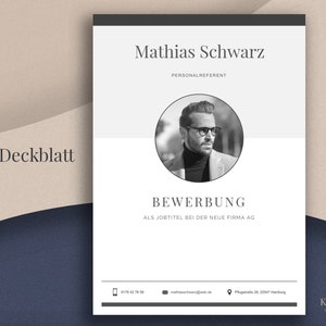 May include: A resume template featuring the name "Mathias Schwarz" and the word "BEWERBUNG". A black and white portrait of a man wearing glasses is in a circle. A gold pen is on the right.